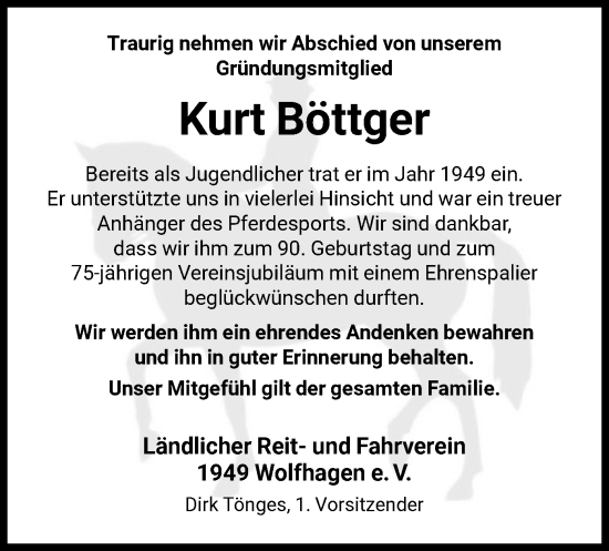 Todesanzeige von Kurt Böttger von HNA