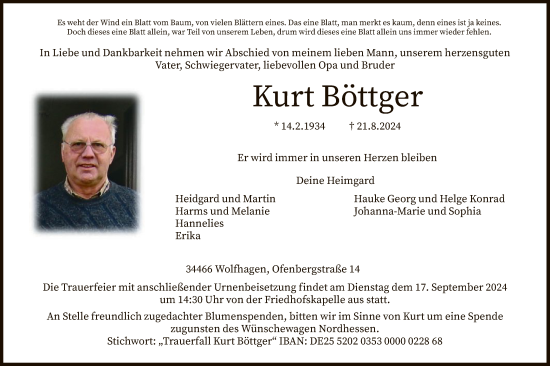 Todesanzeige von Kurt Böttger von HNA