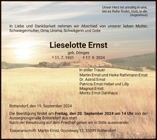 Todesanzeige von Lieselotte Ernst von HNA