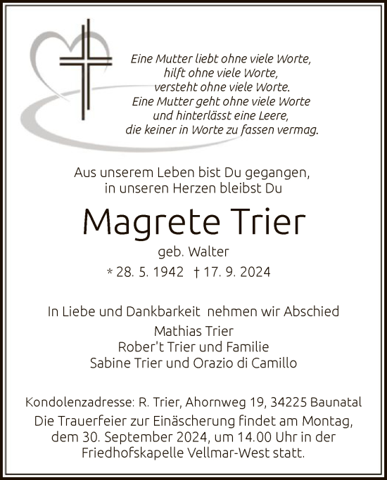 Todesanzeige von Magrete Trier von HNA