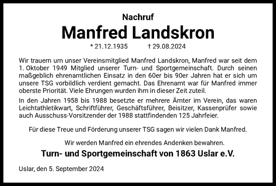 Todesanzeige von Manfred Landskron von HNA