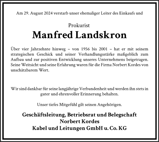 Todesanzeige von Manfred Landskron von HNA