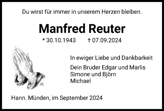 Todesanzeige von Manfred Reuter von HNA