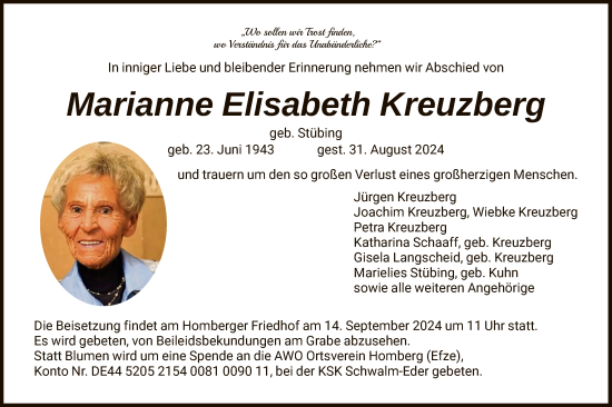 Todesanzeige von Marianne Elisabeth Kreuzberg von HNA