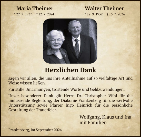 Todesanzeige von Maria und Walter Theimer von HNA