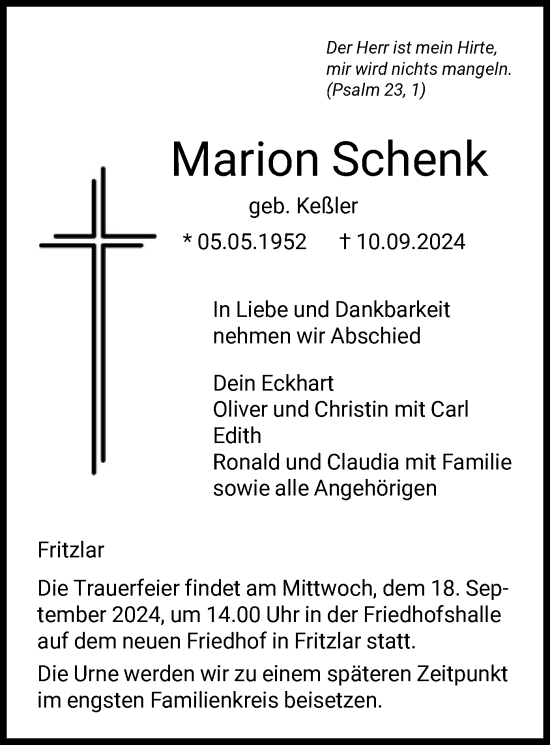 Todesanzeige von Marion Schenk von HNA