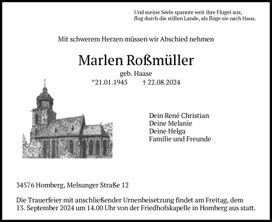 Todesanzeige von Marlen Roßmüller von HNA