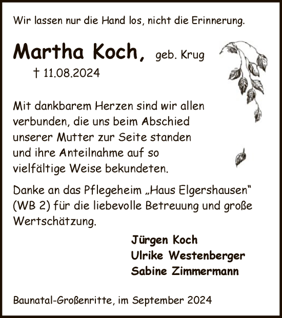 Todesanzeige von Martha Koch von HNA