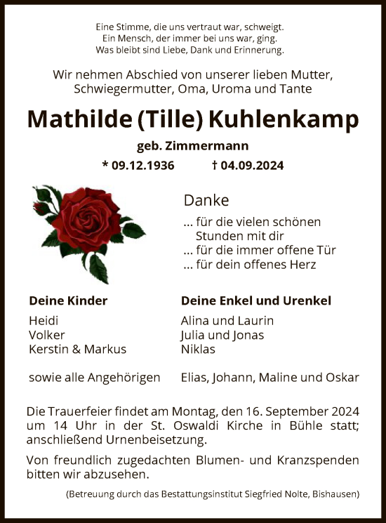 Todesanzeige von Mathilde Kuhlenkamp von HNA