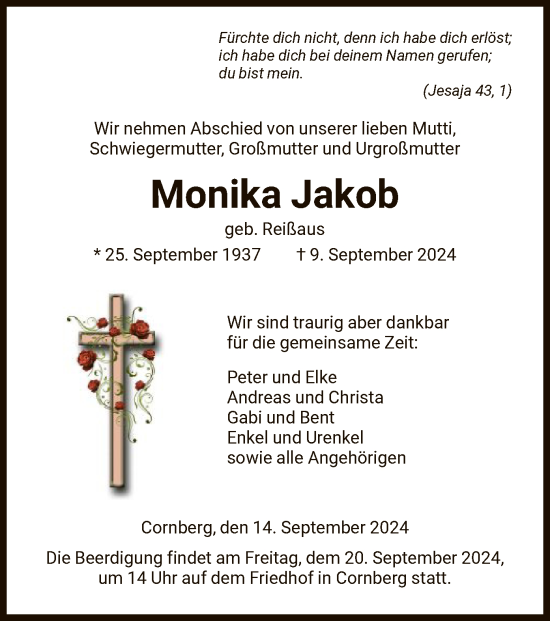 Todesanzeige von Monika Jakob von HNAHNA