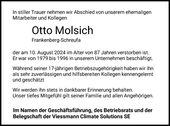 Todesanzeige von Otto Molsich von HNA