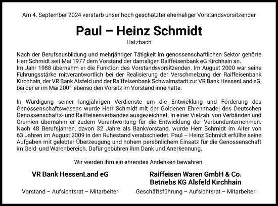 Todesanzeige von Paul-Heinz Schmidt von HNA