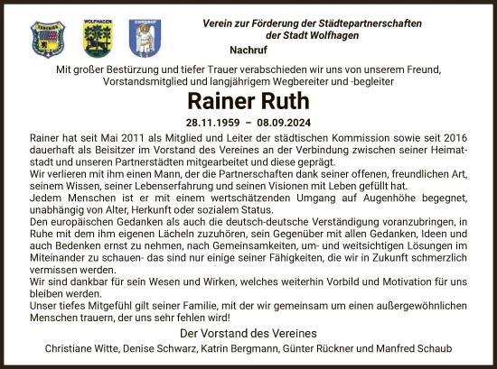 Todesanzeige von Rainer Ruth von HNA