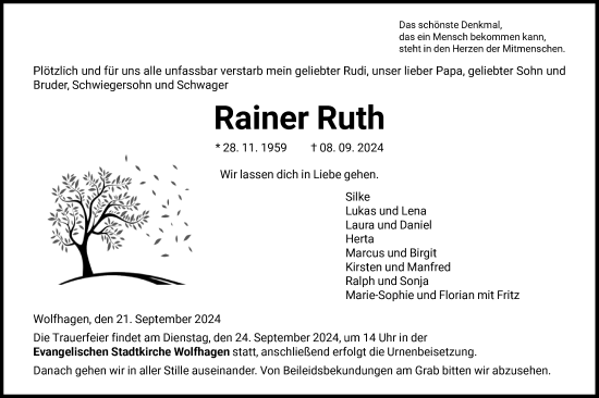 Todesanzeige von Rainer Ruth von HNA