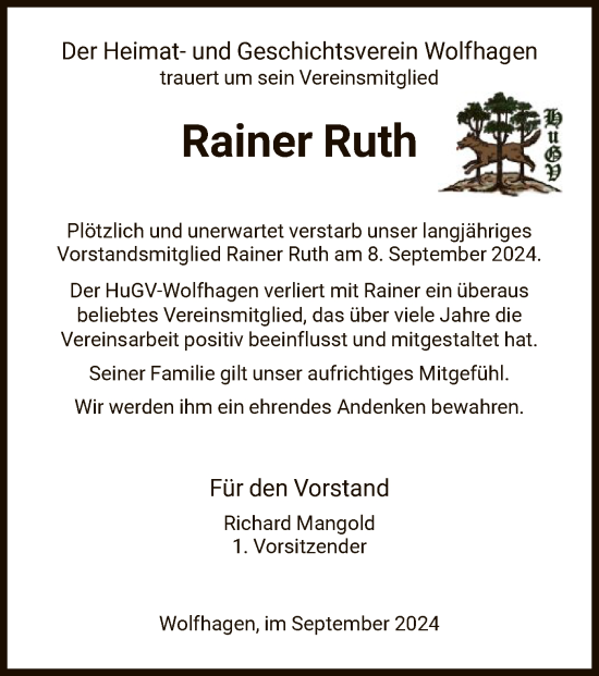 Todesanzeige von Rainer Ruth von HNA