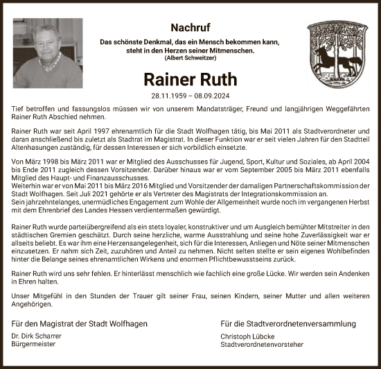 Todesanzeige von Rainer Ruth von HNA