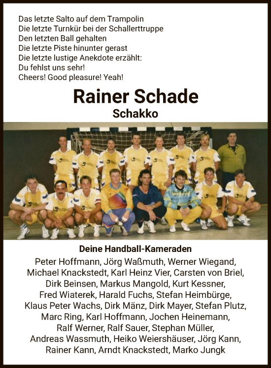 Todesanzeige von Rainer Schade von HNA