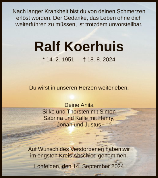 Todesanzeige von Ralf Koerhuis von HNA