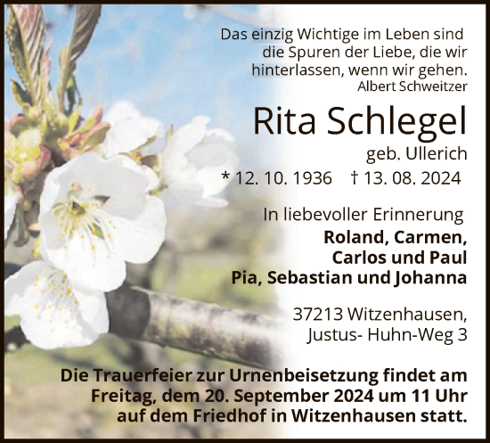 Todesanzeige von Rita Schlegel von HNA