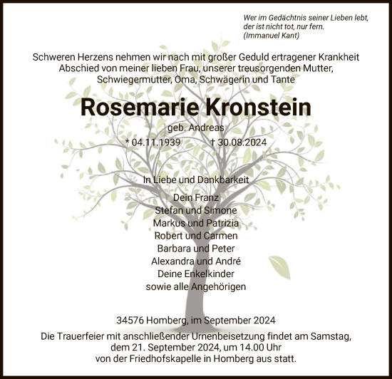 Todesanzeige von Rosemarie Kronstein von HNA