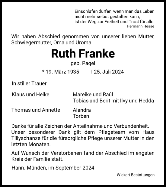 Todesanzeige von Ruth Franke von HNA