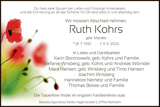 Todesanzeige von Ruth Kohrs von HNA