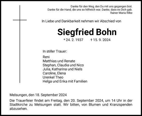 Todesanzeige von Siegfried Bohn von HNA