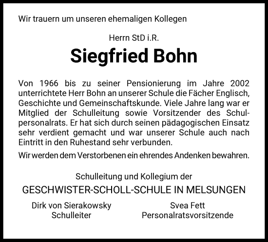 Todesanzeige von Siegfried Bohn von HNA