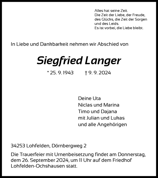 Todesanzeige von Siegfried Langer von HNA