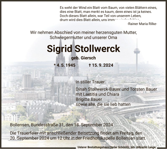 Todesanzeige von Sigrid Stollwerck von HNA