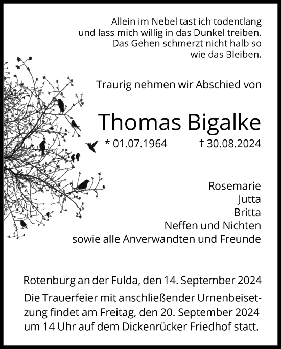 Todesanzeige von Thomas Bigalke von HNA