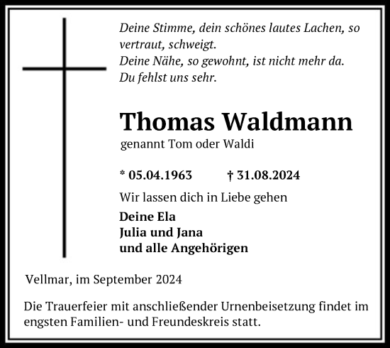 Todesanzeige von Thomas Waldmann von HNA