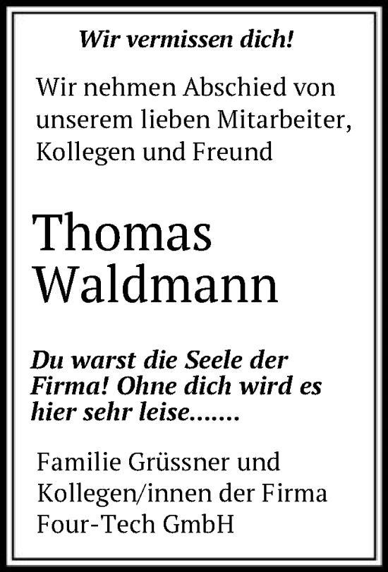 Todesanzeige von Thomas Waldmann von HNA