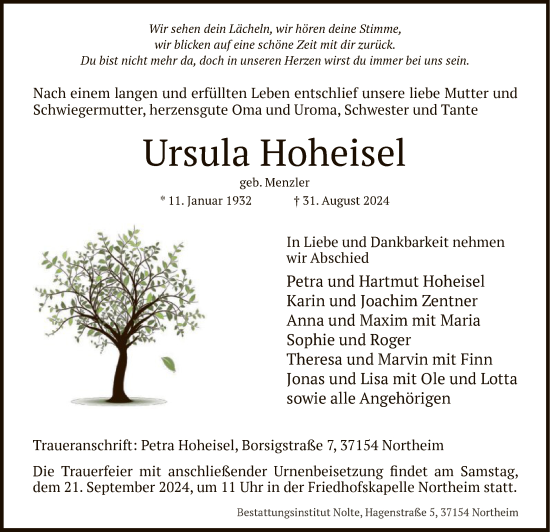 Todesanzeige von Ursula Hoheisel von HNA