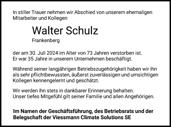 Todesanzeige von Walter Schulz von HNA