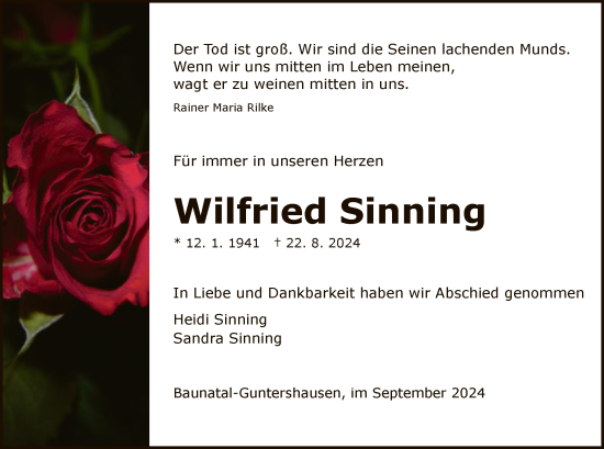 Todesanzeige von Wilfried Sinning von HNA