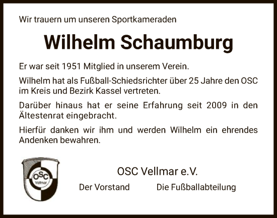 Todesanzeige von Wilhelm Schaumburg von HNA