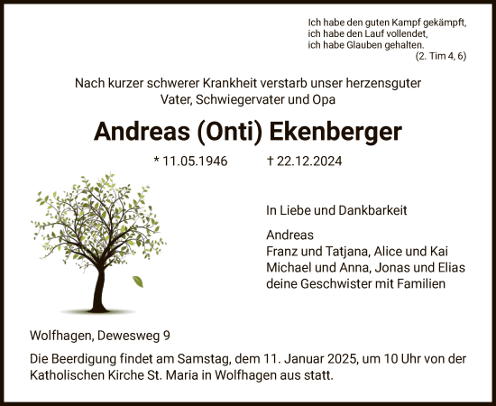 Todesanzeige von Andreas Ekenberger von HNA