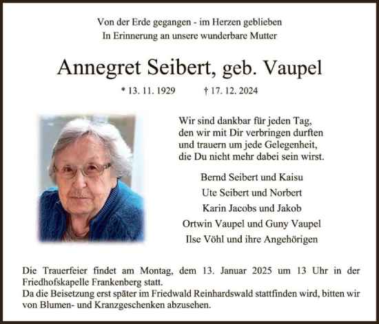 Todesanzeige von Annegret Seibert von HNA