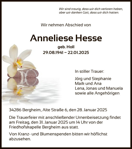 Todesanzeige von Anneliese Hesse von HNA