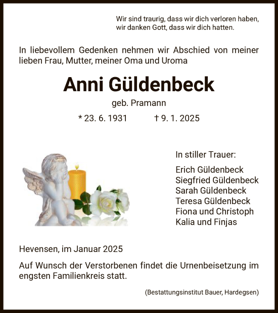 Todesanzeige von Anni Güldenbeck von HNA