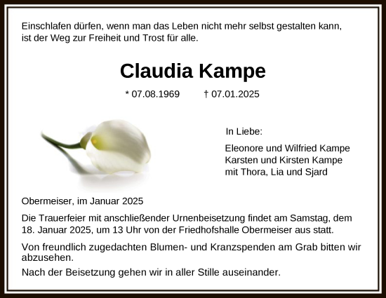 Todesanzeige von Claudia Kampe von HNA