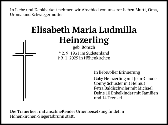 Todesanzeige von Elisabeth Maria Ludmilla Heinzerling von HNA