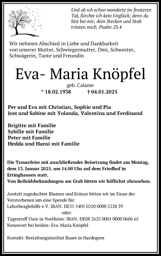 Todesanzeige von Eva-Maria Knöpfel von HNA