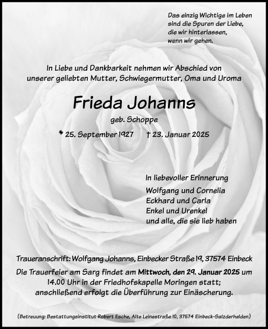 Todesanzeige von Frieda Johanns von HNA