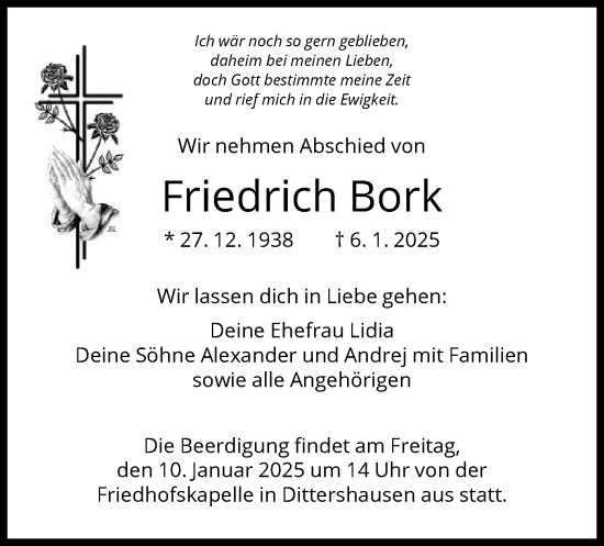 Todesanzeige von Friedrich Bork von HNA