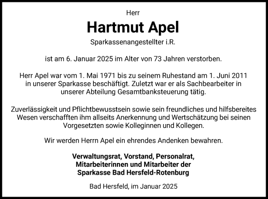 Todesanzeige von Hartmut Apel von HNA