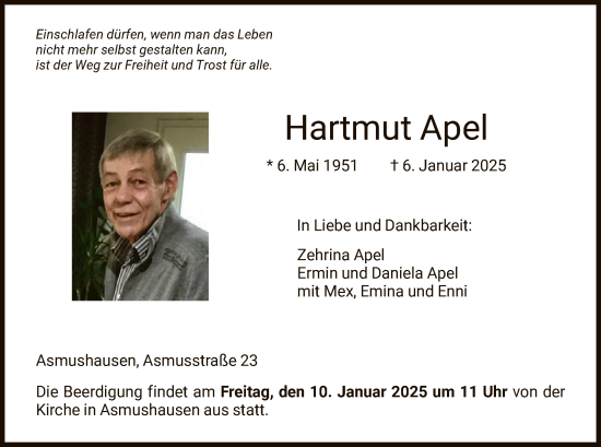 Todesanzeige von Hartmut Apel von HNA