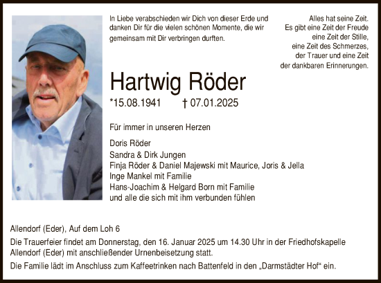 Todesanzeige von Hartwig Röder von HNA