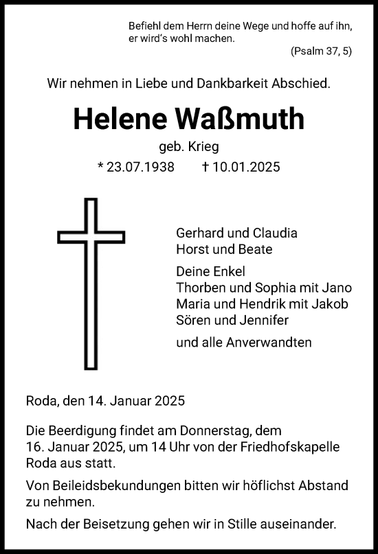 Todesanzeige von Helene Waßmuth von HNA